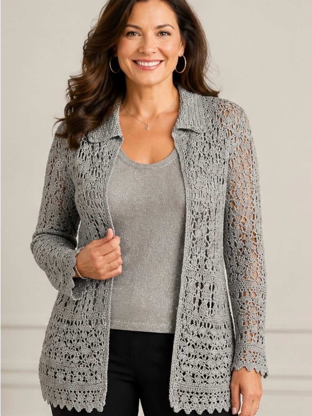 Colleen Lopez 2 pc Cardigan Set Size M Gray Metallic Open-Front Matching Tank